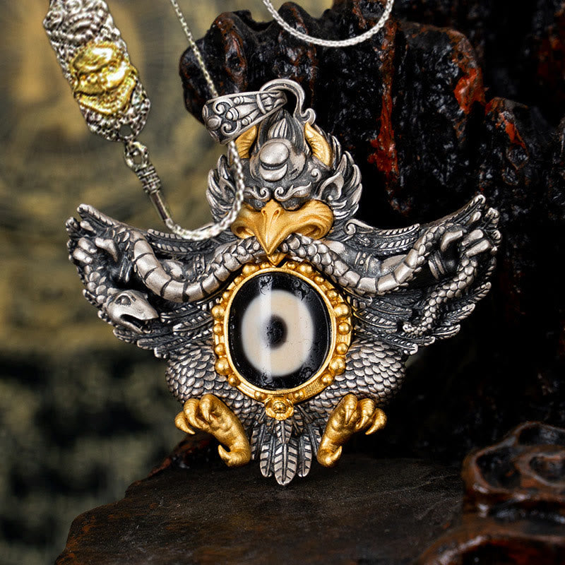 Collar con colgante de Buddha Stones de plata de ley 925 con cuentas de pájaro Garuda tibetano Dzi