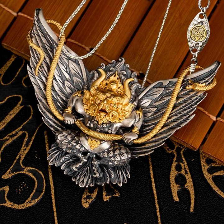 Collar con colgante de plata de ley 925 con Buddha Stones , pájaro tibetano Garuda, dragón, serpiente y sabiduría - Garuda y cadena de cobre Zakiram de 50 cm - image 17