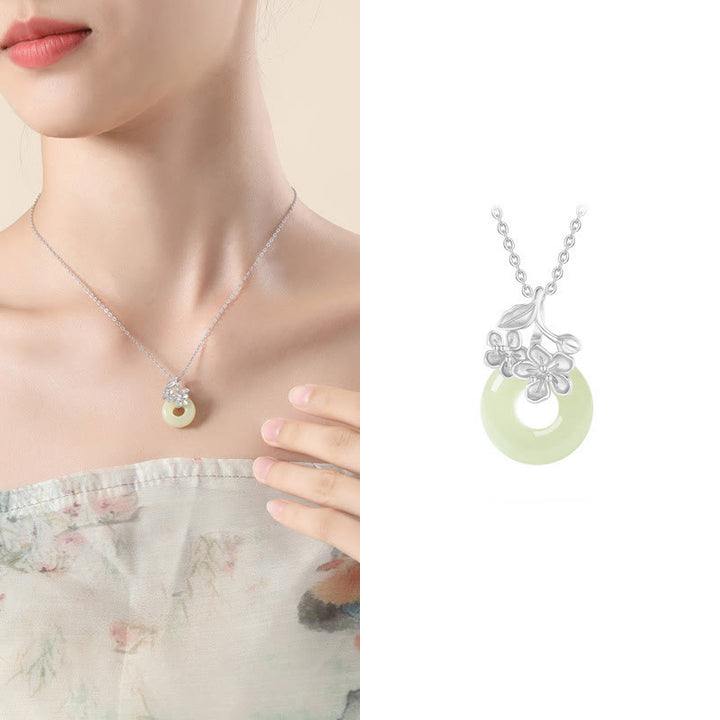 Colgante de plata de ley 999 con diseño de flor de durazno y hebilla de la paz con jade hetiano y Buddha Stones - image 12
