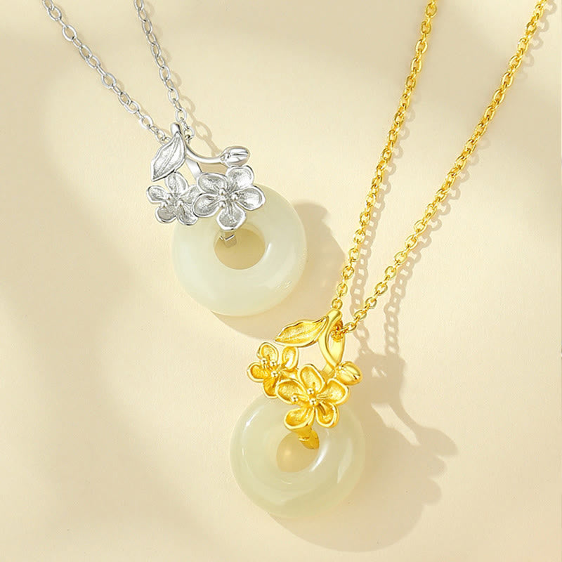 Colgante de plata de ley 999 con diseño de flor de durazno y hebilla de la paz con jade hetiano y Buddha Stones - image 10