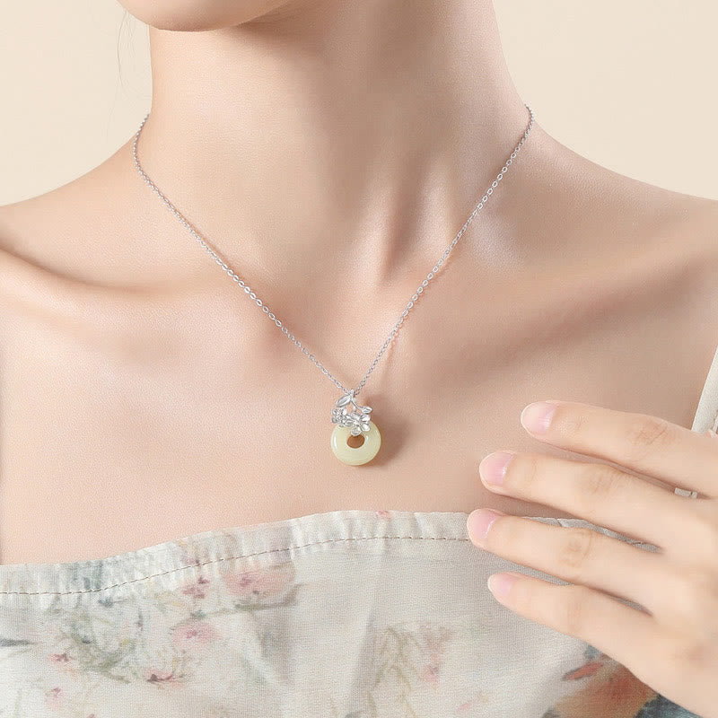 Colgante de plata de ley 999 con diseño de flor de durazno y hebilla de la paz con jade hetiano y Buddha Stones - image 11