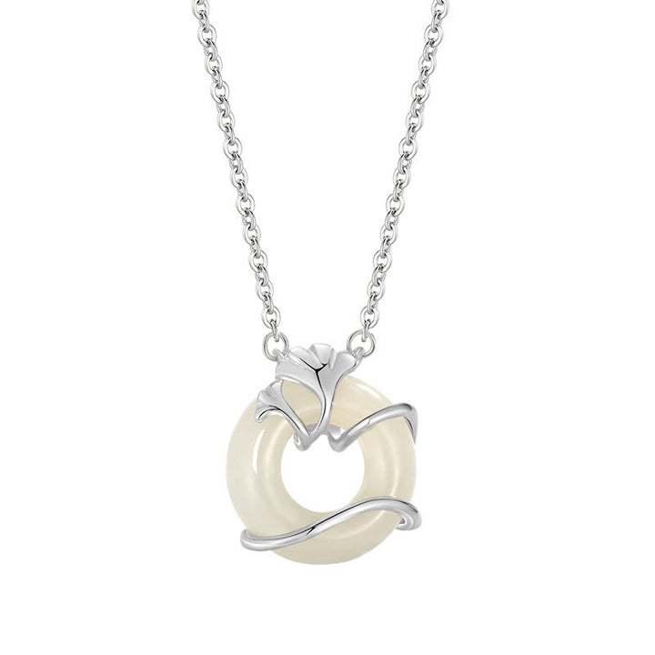 Collar con colgante de hoja de ginkgo con hebilla de paz de plata de ley 925 y jade hetiano de Buddha Stones - image 12