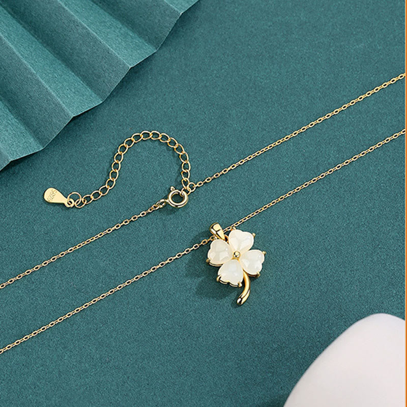 Collar con colgante de trébol de cuatro hojas de plata de ley 925 con jade hetiano y Buddha Stones - image 3