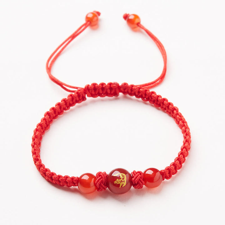 Pulsera trenzada de hilo rojo con ágata roja natural del zodíaco chino y Buddha Stones
