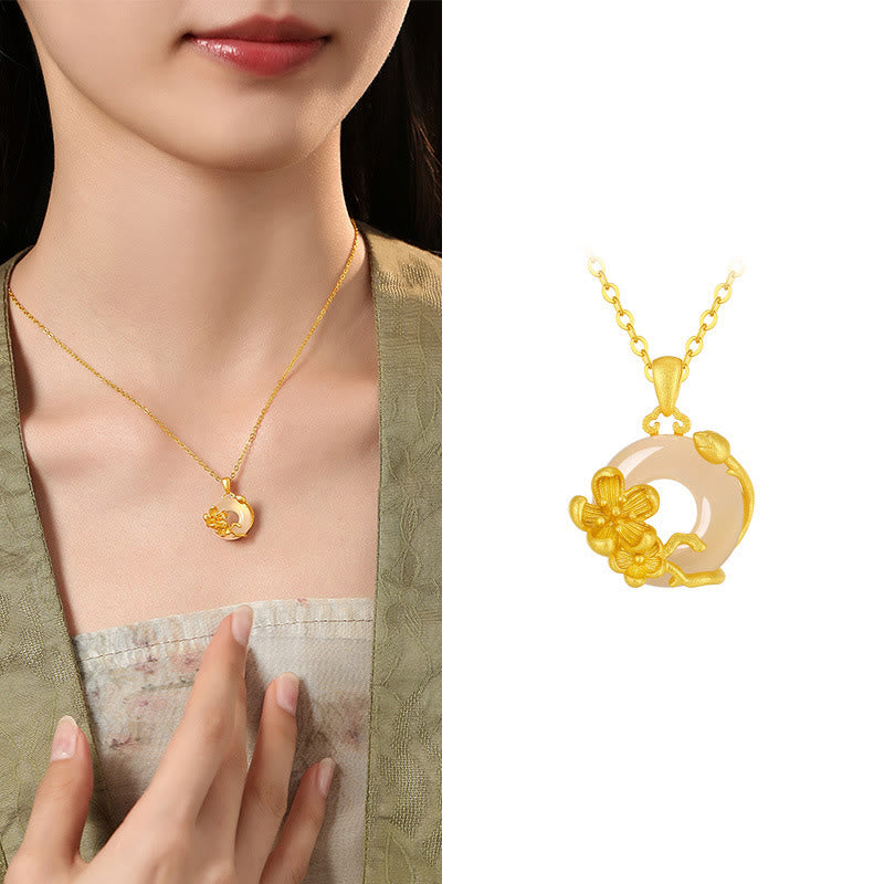 Collar con colgante de flores y hebilla de la paz de plata de ley 925 con Buddha Stones y calcedonia - Flor de ciruelo - Calcedonia dorada en plata de ley 925 - image 7