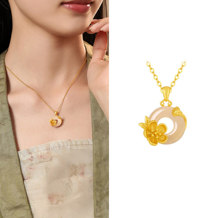 Collar con colgante de flores y hebilla de la paz de plata de ley 925 con Buddha Stones y calcedonia - Flor de albaricoque - Calcedonia dorada en plata de ley 925 - image 3