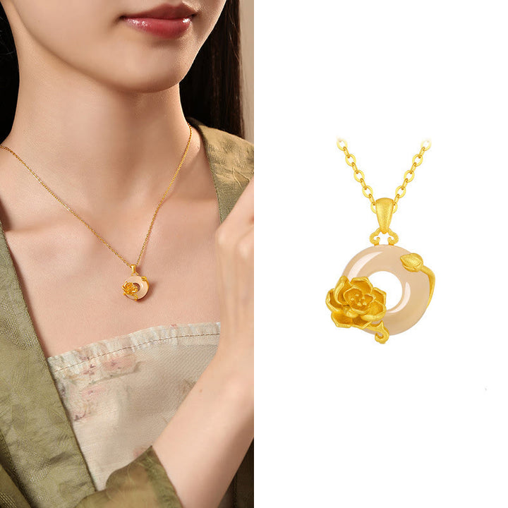 Collar con colgante de flores y hebilla de la paz de plata de ley 925 con Buddha Stones y calcedonia - Peonía - Calcedonia dorada en plata de ley 925 - image 11