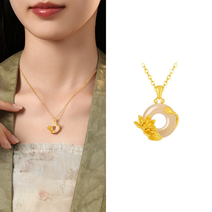 Collar con colgante de flores y hebilla de la paz de plata de ley 925 con Buddha Stones y calcedonia - Loto - Calcedonia dorada en plata de ley 925 - image 16