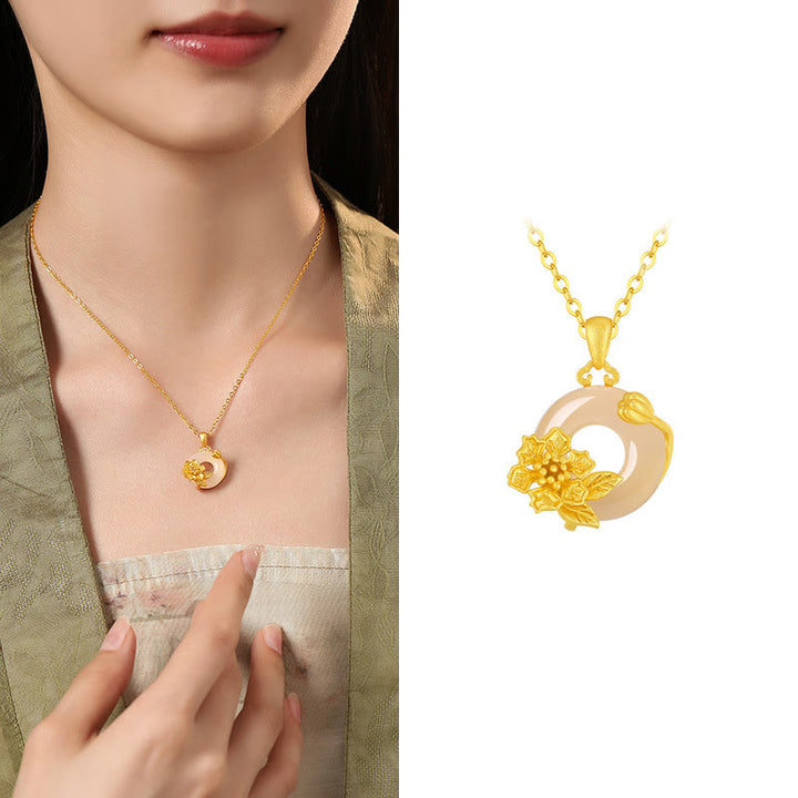 Collar con colgante de flores y hebilla de la paz de plata de ley 925 con Buddha Stones y calcedonia - Mirto crepe - Calcedonia dorada en plata de ley 925 - image 22