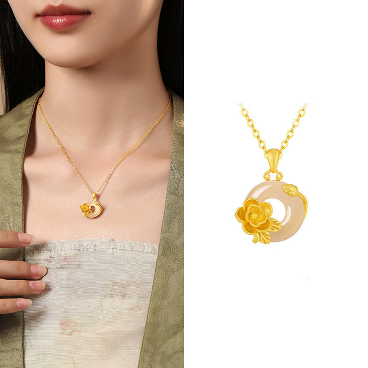 Collar con colgante de flores y hebilla de la paz de plata de ley 925 con Buddha Stones y calcedonia - Camelia - Calcedonia dorada en plata de ley 925 - image 26