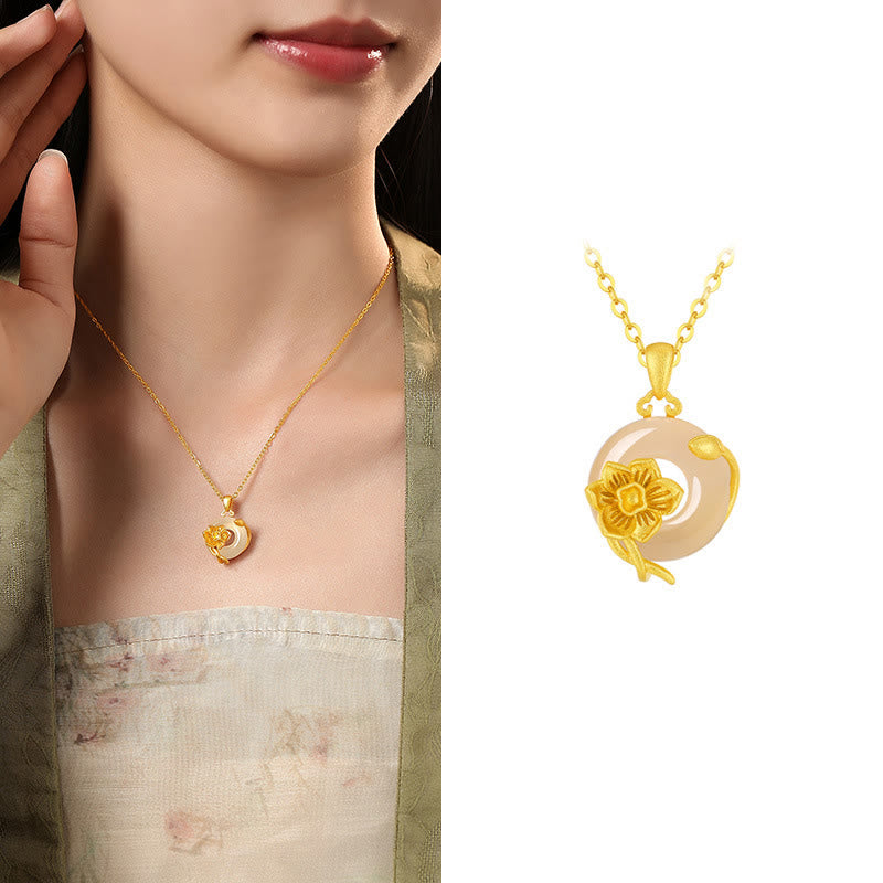 Collar con colgante de flores y hebilla de la paz de plata de ley 925 con Buddha Stones y calcedonia - Narciso - Calcedonia dorada en plata de ley 925 - image 28