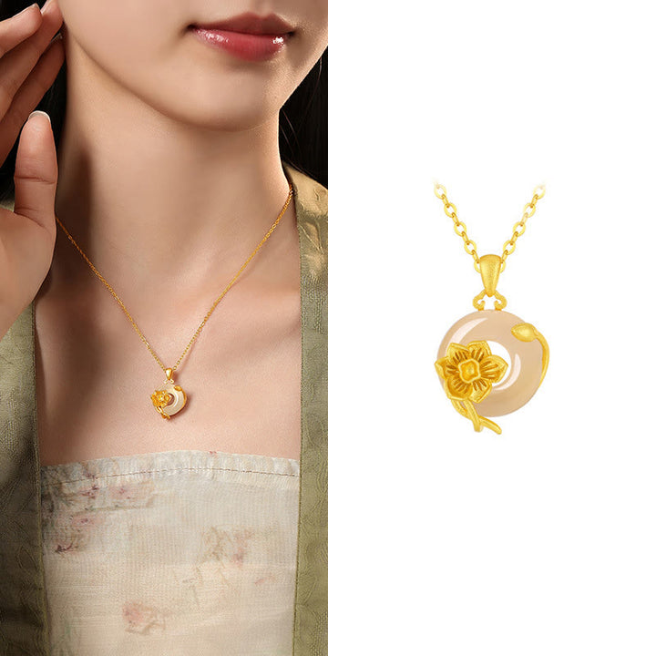 Collar con colgante de flores y hebilla de la paz de plata de ley 925 con Buddha Stones y calcedonia - Narciso - Calcedonia dorada en plata de ley 925 - image 28