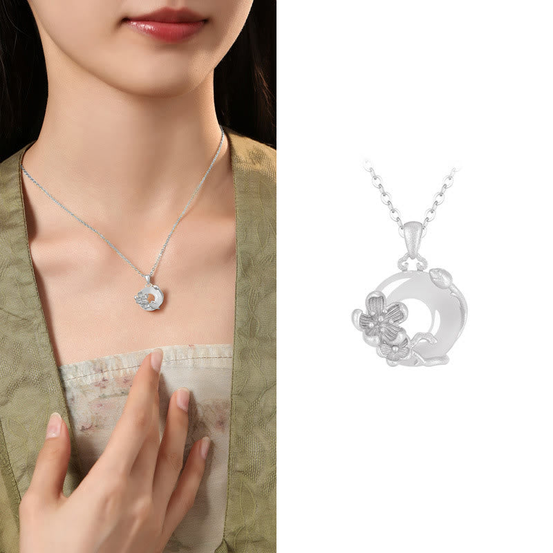 Collar con colgante de flores y hebilla de la paz de plata de ley 925 con Buddha Stones y calcedonia - Flor de ciruelo - Calcedonia de plata de ley 925 - image 30