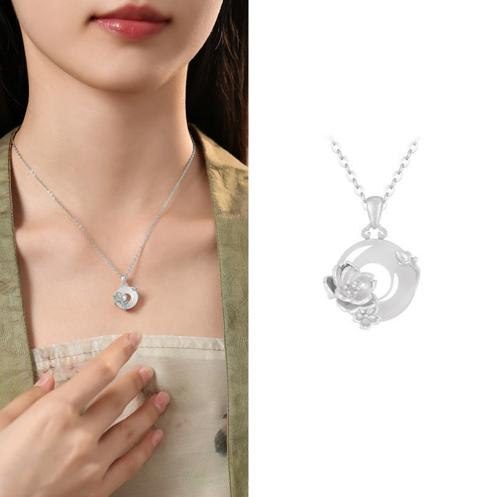 Collar con colgante de flores y hebilla de la paz de plata de ley 925 con Buddha Stones y calcedonia - Flor de durazno - Calcedonia de plata de ley 925 - image 31