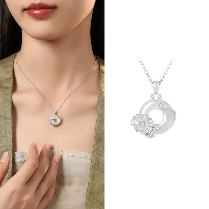 Collar con colgante de flores y hebilla de la paz de plata de ley 925 con Buddha Stones y calcedonia - Malva loca - Calcedonia de plata de ley 925 - image 35