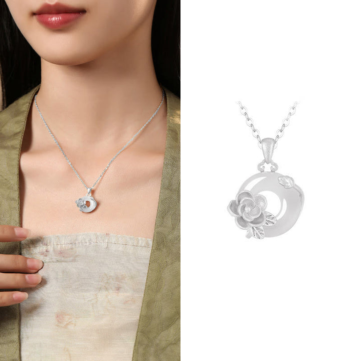 Collar con colgante de flores y hebilla de la paz de plata de ley 925 con Buddha Stones y calcedonia - Camelia - Calcedonia de plata de ley 925 - image 39