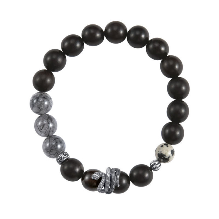Pulsera de equilibrio del año de la serpiente en plata de ley 925 con cuarzo rutilado negro y madera de ébano y Buddha Stones