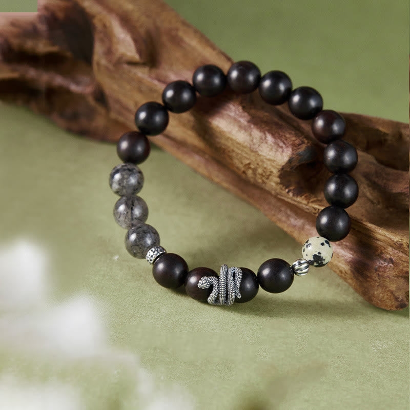 Pulsera de equilibrio del año de la serpiente en plata de ley 925 con cuarzo rutilado negro y madera de ébano y Buddha Stones