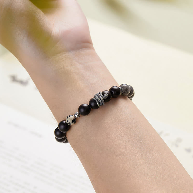 Pulsera de equilibrio del año de la serpiente en plata de ley 925 con cuarzo rutilado negro y madera de ébano y Buddha Stones