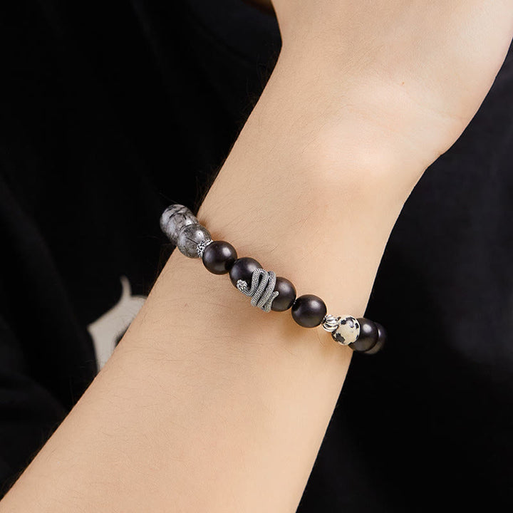 Pulsera de equilibrio del año de la serpiente en plata de ley 925 con cuarzo rutilado negro y madera de ébano y Buddha Stones
