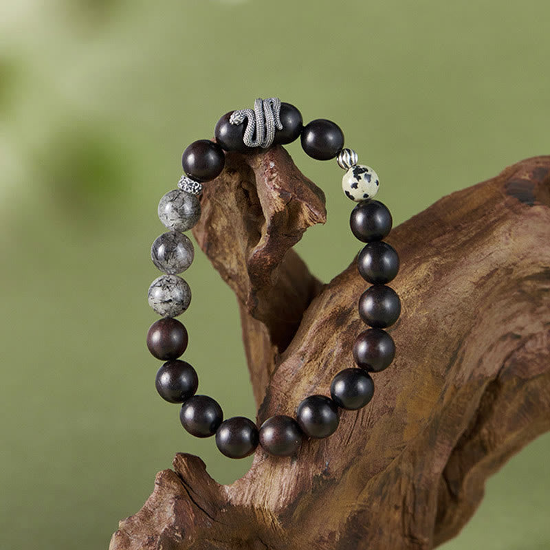 Pulsera de equilibrio del año de la serpiente en plata de ley 925 con cuarzo rutilado negro y madera de ébano y Buddha Stones - image 1