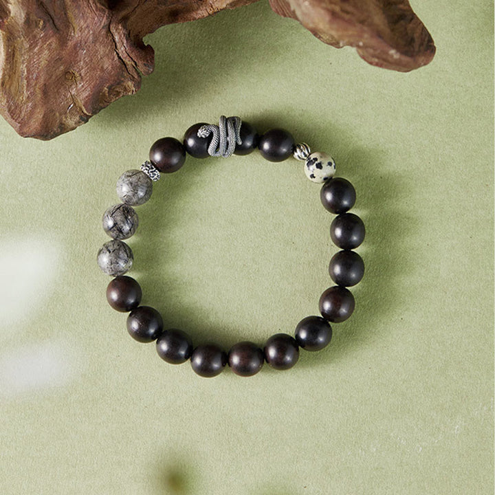 Pulsera de equilibrio del año de la serpiente en plata de ley 925 con cuarzo rutilado negro y madera de ébano y Buddha Stones