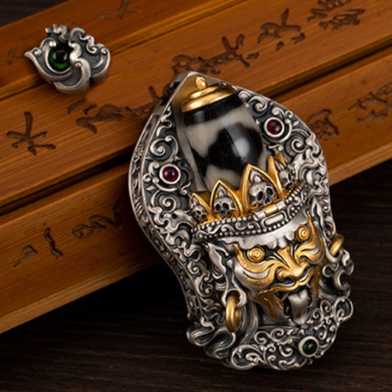 Collar con colgante de protección de cuentas Dzi de la diosa de la riqueza tibetana Zakiram de plata de ley 925 con Buddha Stones - image 1