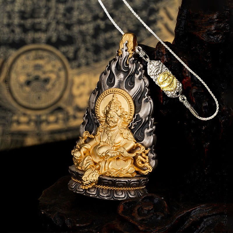 Collar con colgante de plata de ley 925 con Buddha Stones y bendición del dios de la riqueza Jambhala amarillo del Tíbet