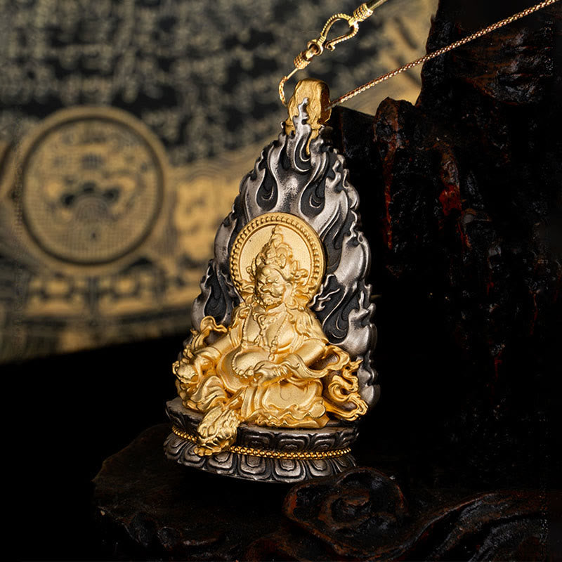 Collar con colgante de plata de ley 925 con Buddha Stones y bendición del dios de la riqueza Jambhala amarillo del Tíbet