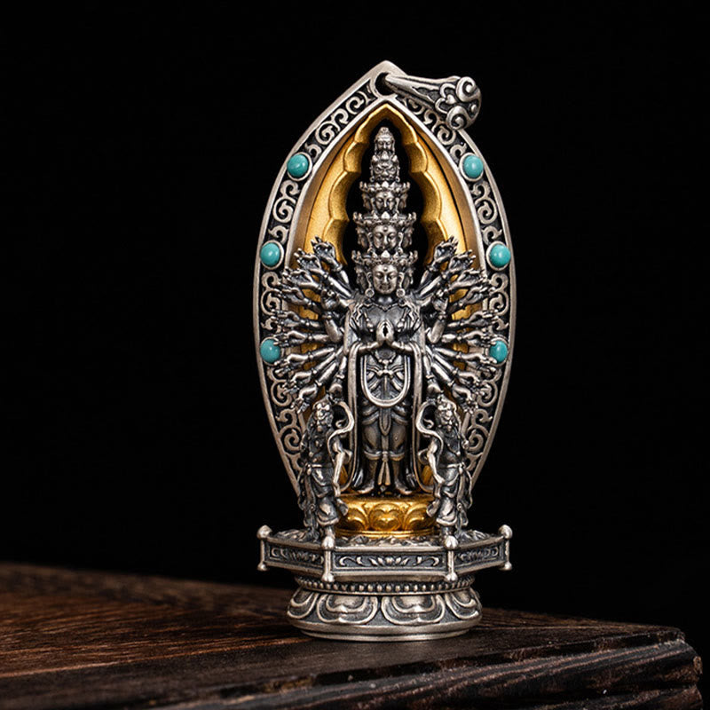 Collar con colgante de riqueza de Avalokiteśvara, Guanyin Kwan Yin de mil brazos y plata de ley 925 con Buddha Stones - image 1