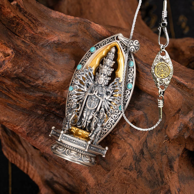 Collar con colgante de riqueza de Avalokiteśvara, Guanyin Kwan Yin de mil brazos y plata de ley 925 con Buddha Stones - Cadena de cobre Avalokiteśvara y 50 cm Avalokiteśvara - image 15