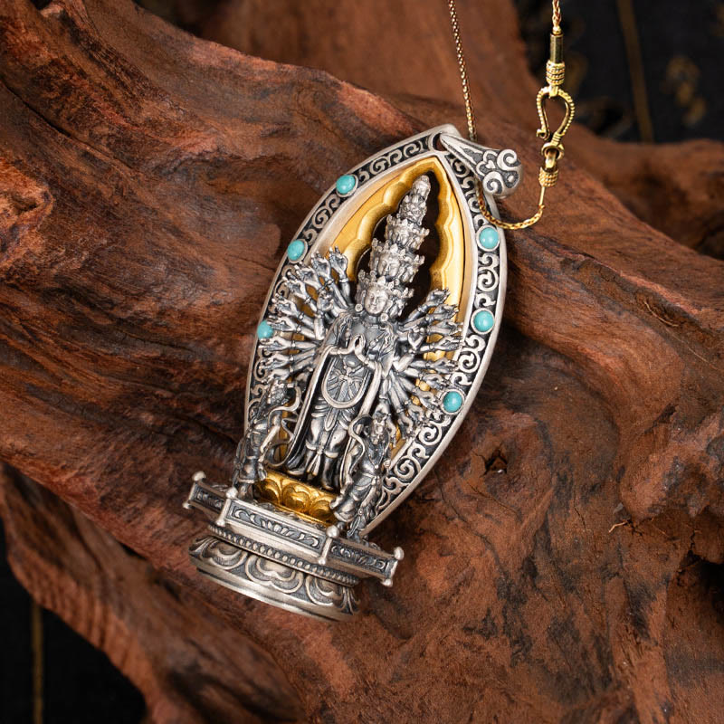 Collar con colgante de riqueza de Avalokiteśvara, Guanyin Kwan Yin de mil brazos y plata de ley 925 con Buddha Stones - Avalokiteśvara y cadena de cobre dorado de 58 cm - image 13