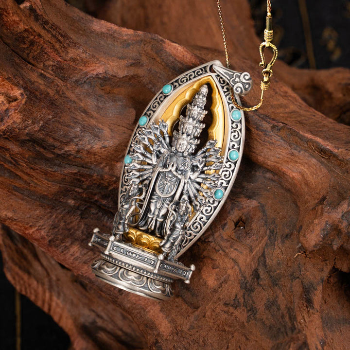 Collar con colgante de riqueza de Avalokiteśvara, Guanyin Kwan Yin de mil brazos y plata de ley 925 con Buddha Stones - Avalokiteśvara y cadena de cobre dorado de 58 cm - image 13