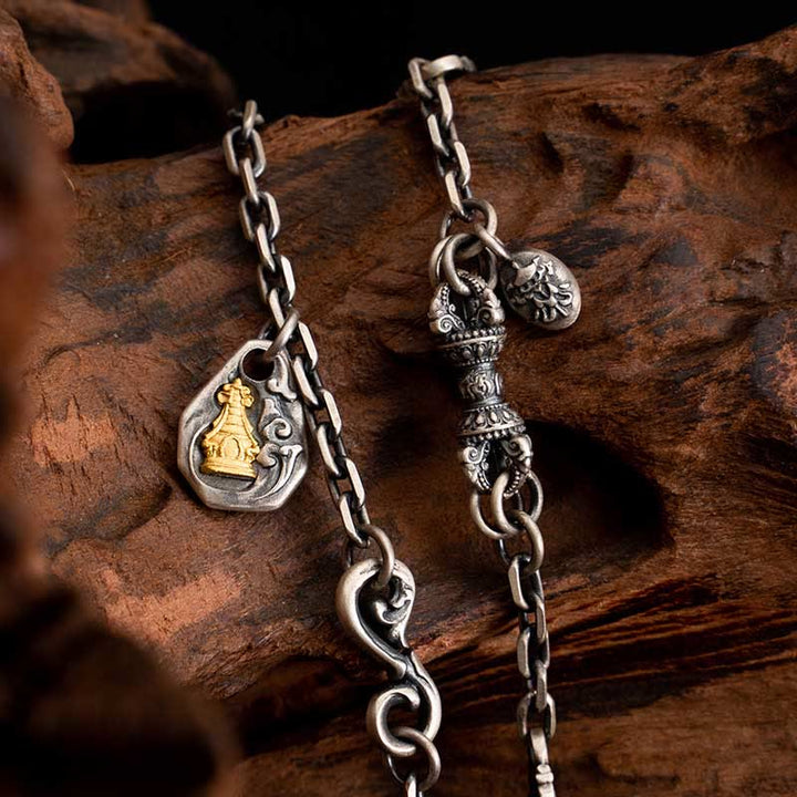 Collar de cadena de metal con bendición de Dorje Vajra de la diosa de la riqueza tibetana Zakiram blanco de plata esterlina 925 con Buddha Stones - Cadena Zakiram de 65 cm - image 0