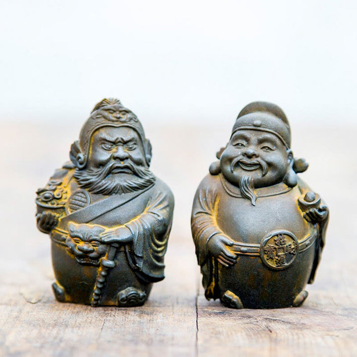 Estatua de resina fundida con óxido de hierro hecha a mano con Buddha Stones, dios militar literario de la riqueza, decoración del hogar - Versión Rust - Juego de 2 piezas - image 0