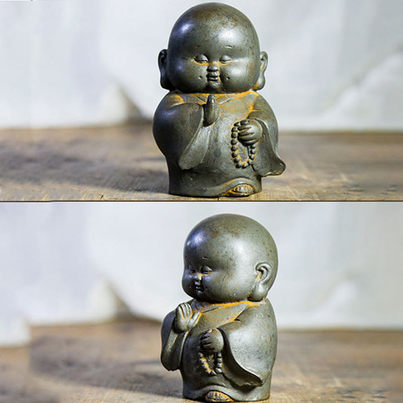 Estatua de resina fundida con óxido de hierro en polvo de monje pequeño hecha a mano con Buddha Stones para decoración del hogar - image 6