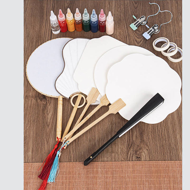 Abanico de mano con pintura en blanco de laca china hecha a mano con Buddha Stones