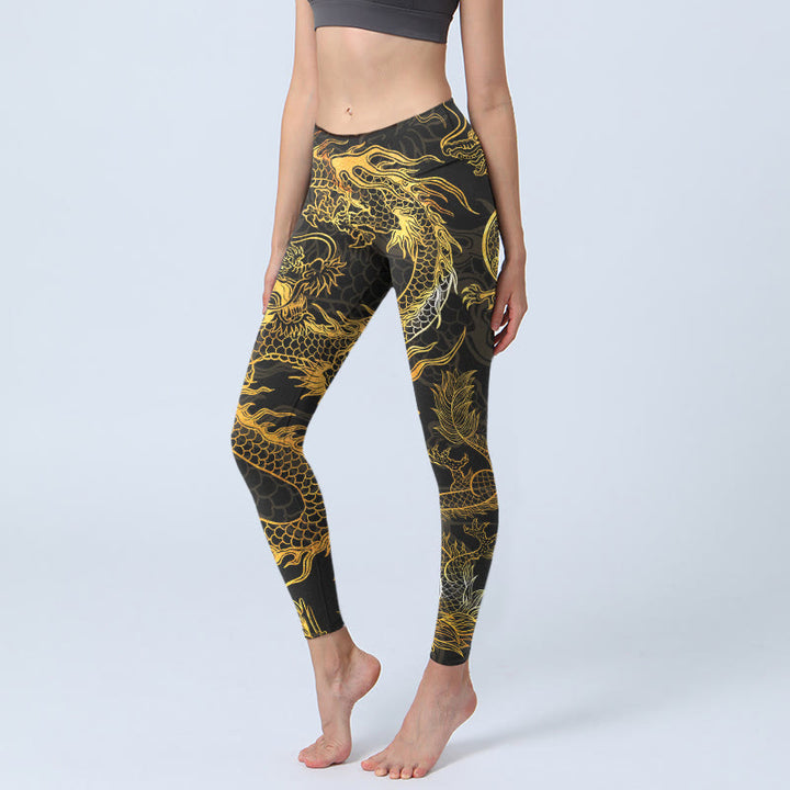 Leggings de yoga para mujer con estampado de dragón dorado y Buddha Stones