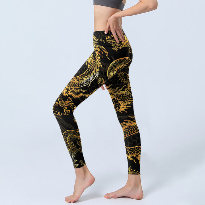 Leggings de yoga para mujer con estampado de dragón dorado y Buddha Stones