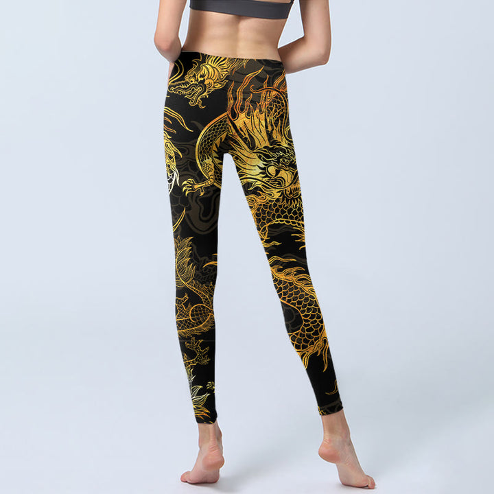 Leggings de yoga para mujer con estampado de dragón dorado y Buddha Stones