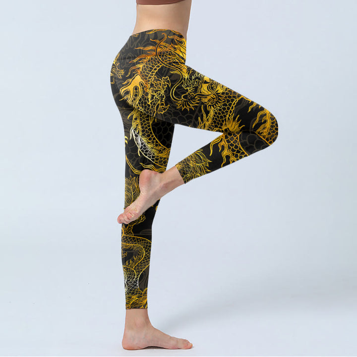 Leggings de yoga para mujer con estampado de dragón dorado y Buddha Stones