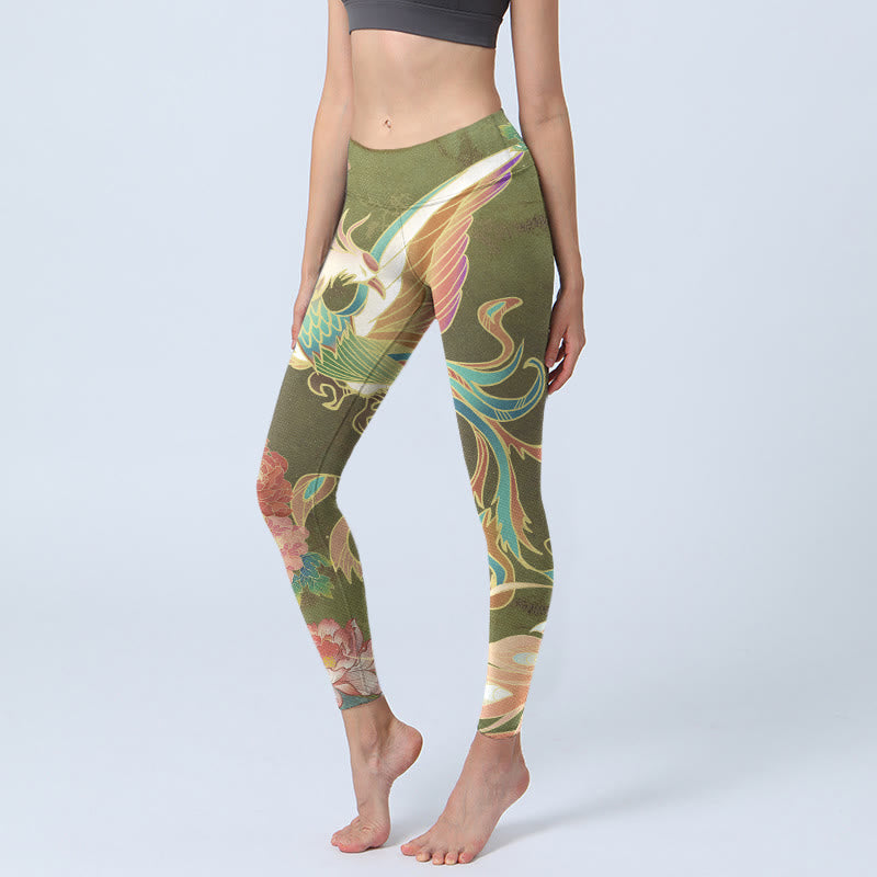 Leggings de yoga para mujer con estampado de flores de fénix vibrantes y Buddha Stones - Verde oliva - US18，UK/AU22，EU50 (4XL) - image 1