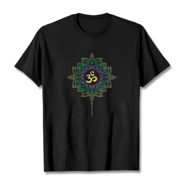 Camiseta de algodón con diseño de loto en degradado verde y amarillo con Buddha Stones OM - Negro - 2XL - image 3