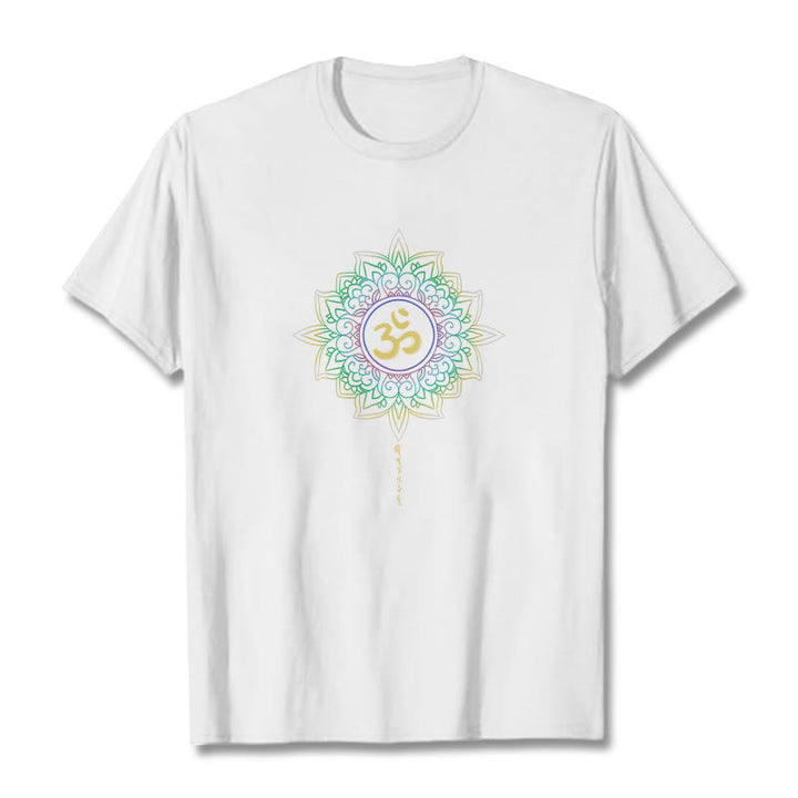 Camiseta de algodón con diseño de loto en degradado verde y amarillo con Buddha Stones OM - Blanco - 2XL - image 11