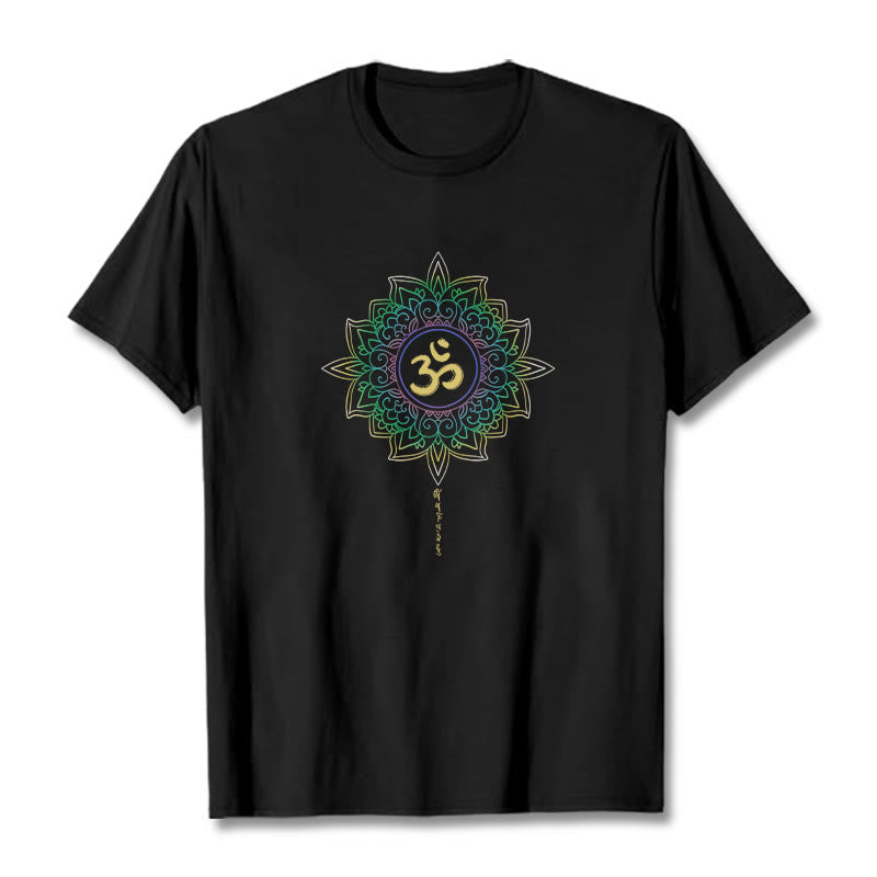 Camiseta de algodón con diseño de loto en degradado verde y amarillo con Buddha Stones OM - Negro - 2XL - image 2