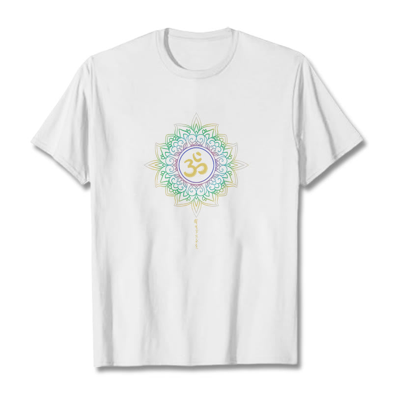 Camiseta de algodón con diseño de loto en degradado verde y amarillo con Buddha Stones OM - Blanco - 2XL - image 10