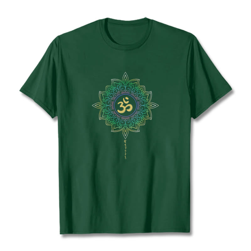 Camiseta de algodón con diseño de loto en degradado verde y amarillo con Buddha Stones OM - Verde bosque - 2XL - image 0