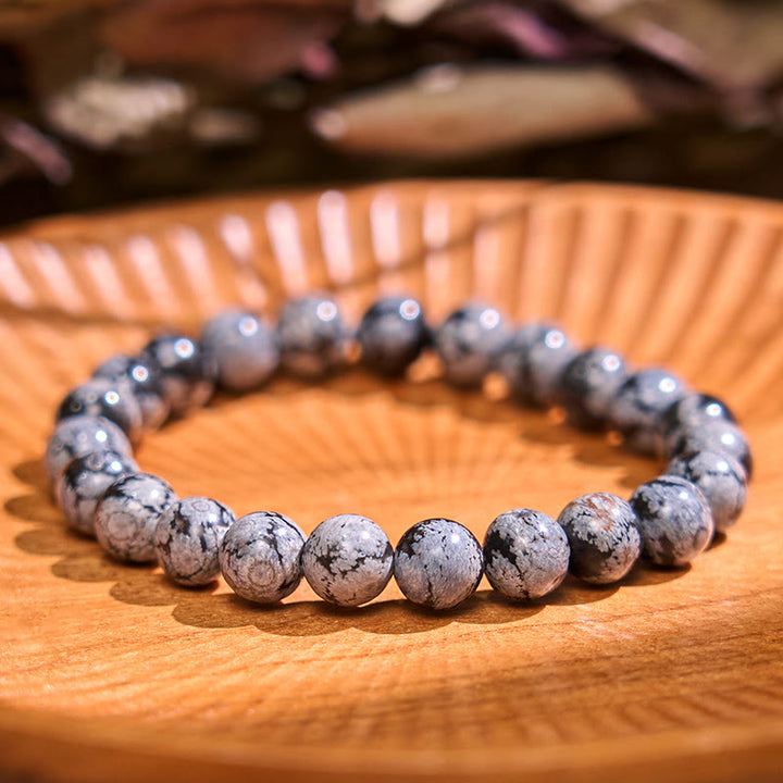 Pulsera de la calma con piedra de Buda, varios cristales, malaquita, lazurita, lapislázuli y hemimorfita. - Obsidiana copo de nieve (circunferencia de la muñeca: 14-16 cm) - image 54
