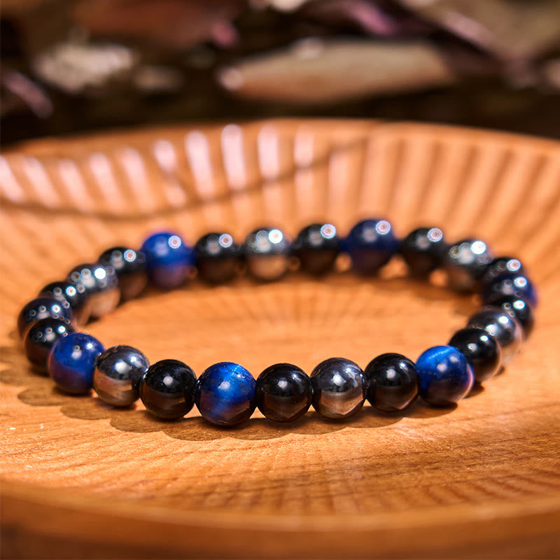 Pulsera de la calma con piedra de Buda, varios cristales, malaquita, lazurita, lapislázuli y hemimorfita. - Lazurita, ojo de tigre, obsidiana, hematita (circunferencia de la muñeca: 14-18 cm) - image 75