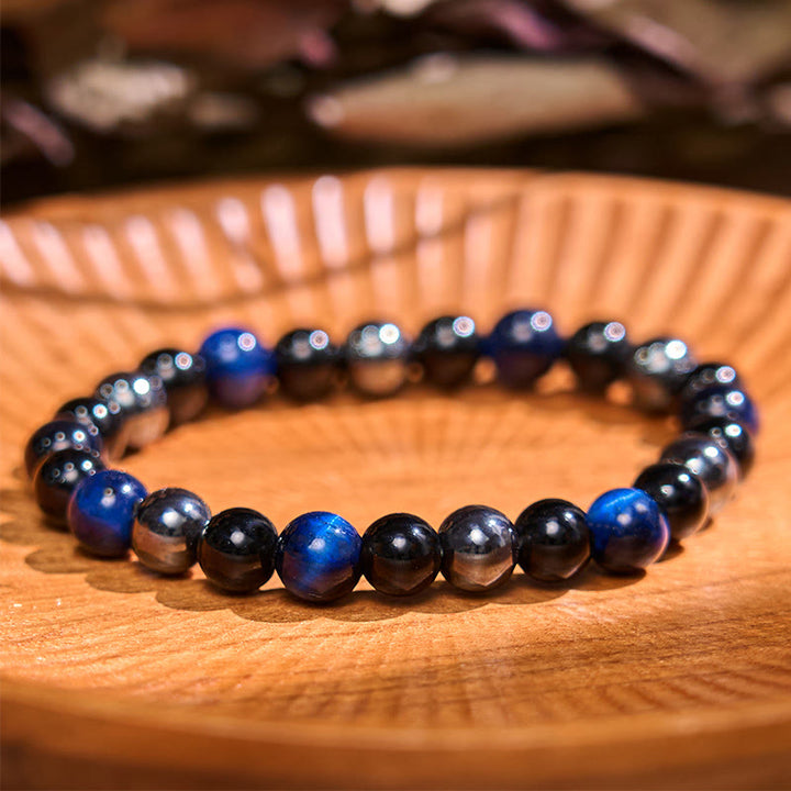 Pulsera de la calma con piedra de Buda, varios cristales, malaquita, lazurita, lapislázuli y hemimorfita. - Lazurita, ojo de tigre, obsidiana, hematita (circunferencia de la muñeca: 14-18 cm) - image 75